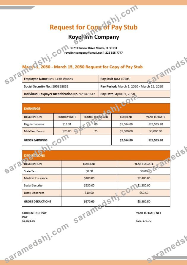 Royal Inn company pay stub in PDF and Word formats